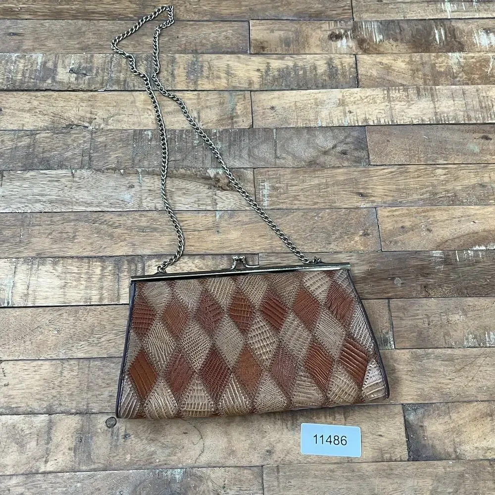 Vintage Clutch Handbag Kiss Lock Genuine Teju Lizard Skin Leather Patchwork - Picture 10 of 11